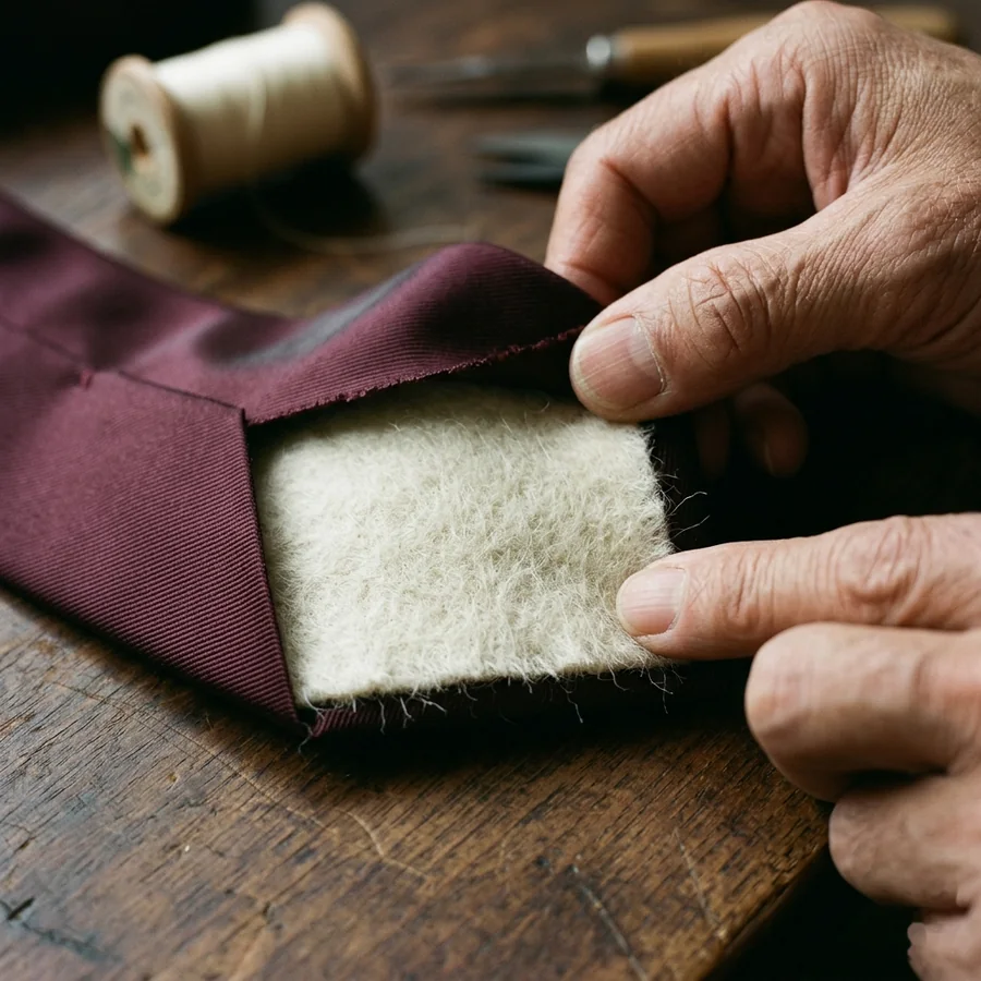 大剣の裏を開き、内側のクリーム色のウール芯地を見せている職人の手元。