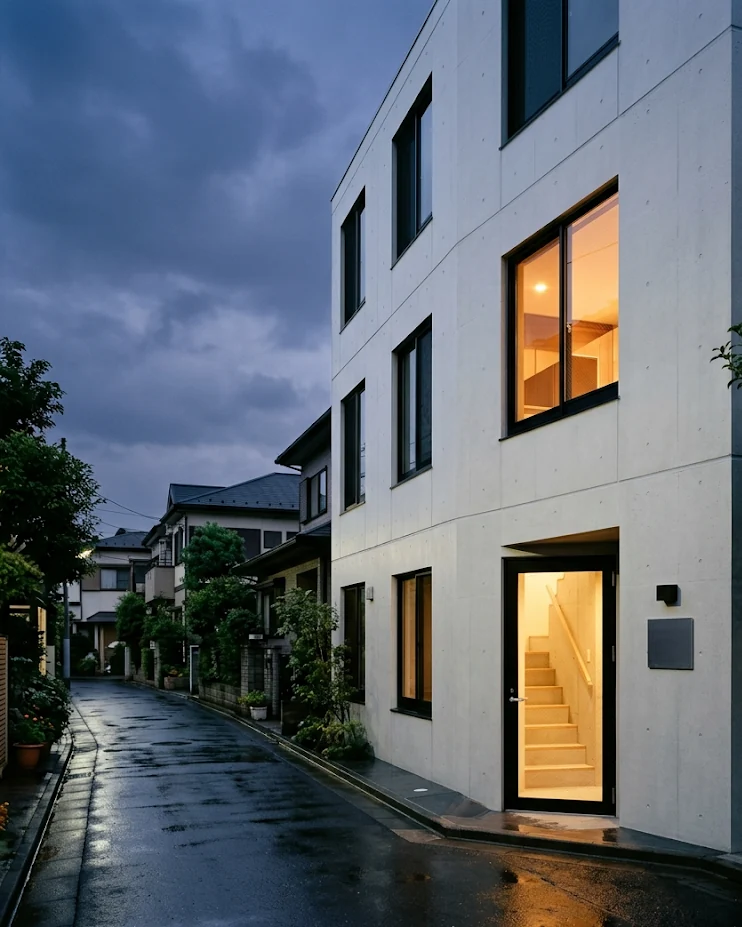 八王子アトリエの外観。雨上がりの夕暮れ、コンクリートの建物の入口から2階へ続く階段に灯りがともっている。