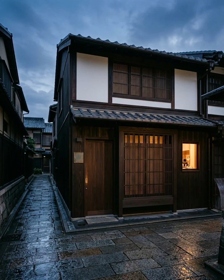 京都・二条の外観。石畳の路地に面した町家の格子戸と、小さな窓の灯り。